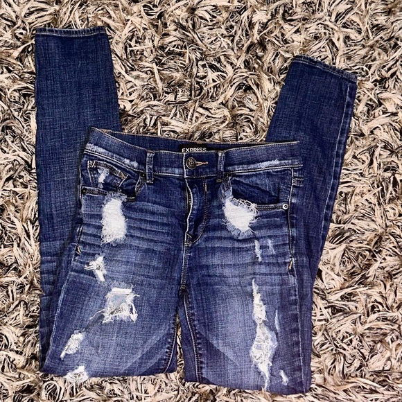 Express Mid Rise Distressed Ripped Skinny Ankle Blue Jeans - Picture 7 of 7